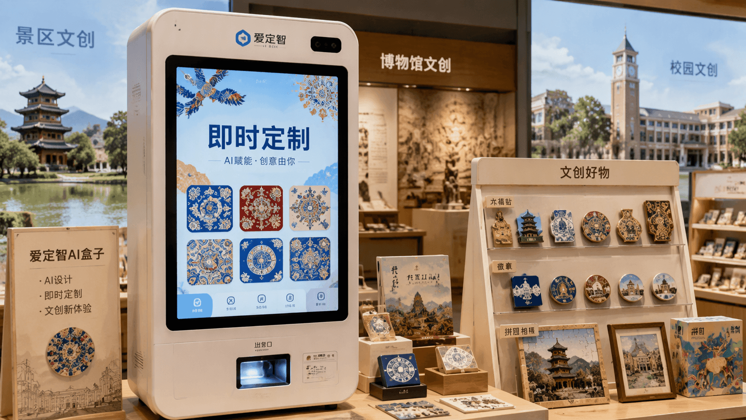 爱定智AI盒子多场景支持地域非遗校园主题的文创即时定制能力